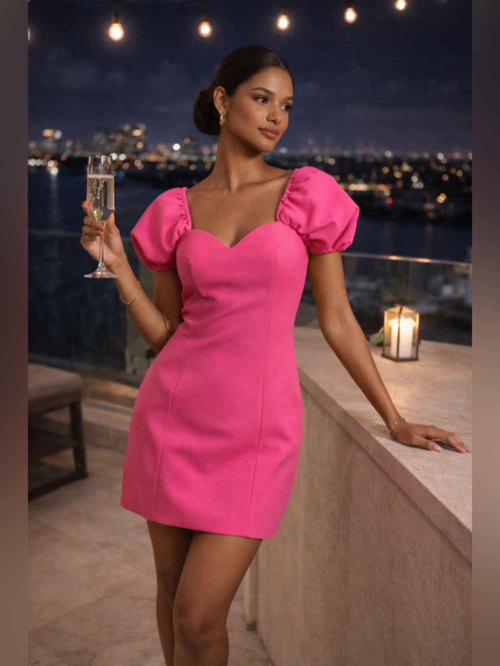 Zara Hot Pink Puff Sleeve Mini Dress Sweetheart Neckline Barbiecore Size L NWT - Picture 2 of 16